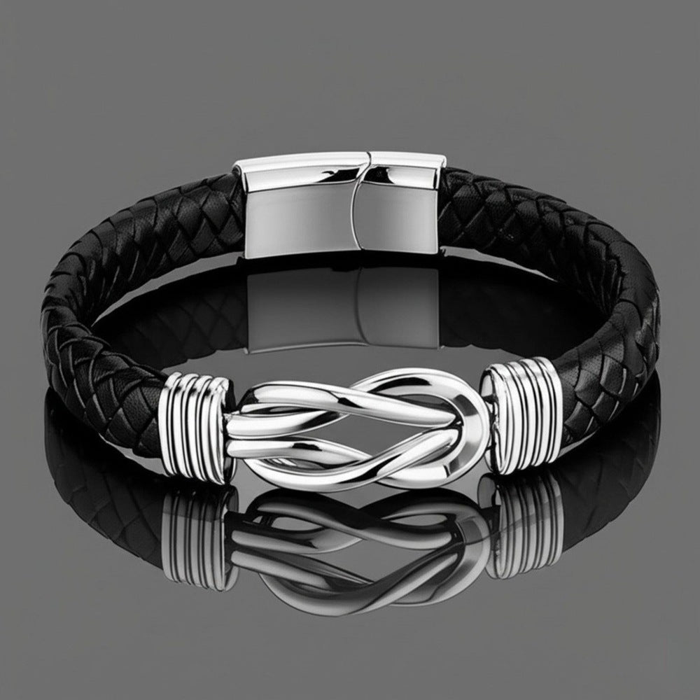 THE MEN THING Leather Bracelet LOVE KNOT BLACK - Genuine Leather Braided Bracelet with Stainless Steel Magnetic Buckle for Men & Boys (8 inch)