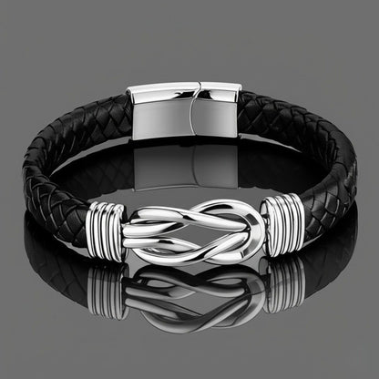 THE MEN THING Leather Bracelet LOVE KNOT BLACK - Genuine Leather Braided Bracelet with Stainless Steel Magnetic Buckle for Men & Boys (8 inch)