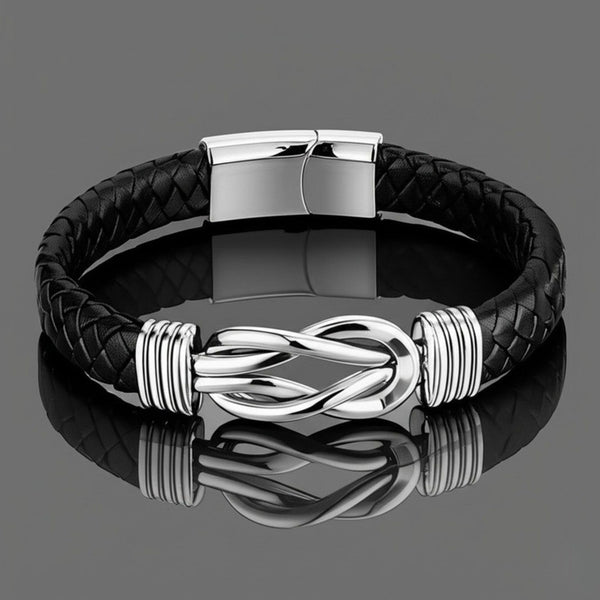 LOVE KNOT BLACK - Genuine Leather Braided Bracelet with Stainless Steel Magnetic Buckle for Men & Boys (8 inch)