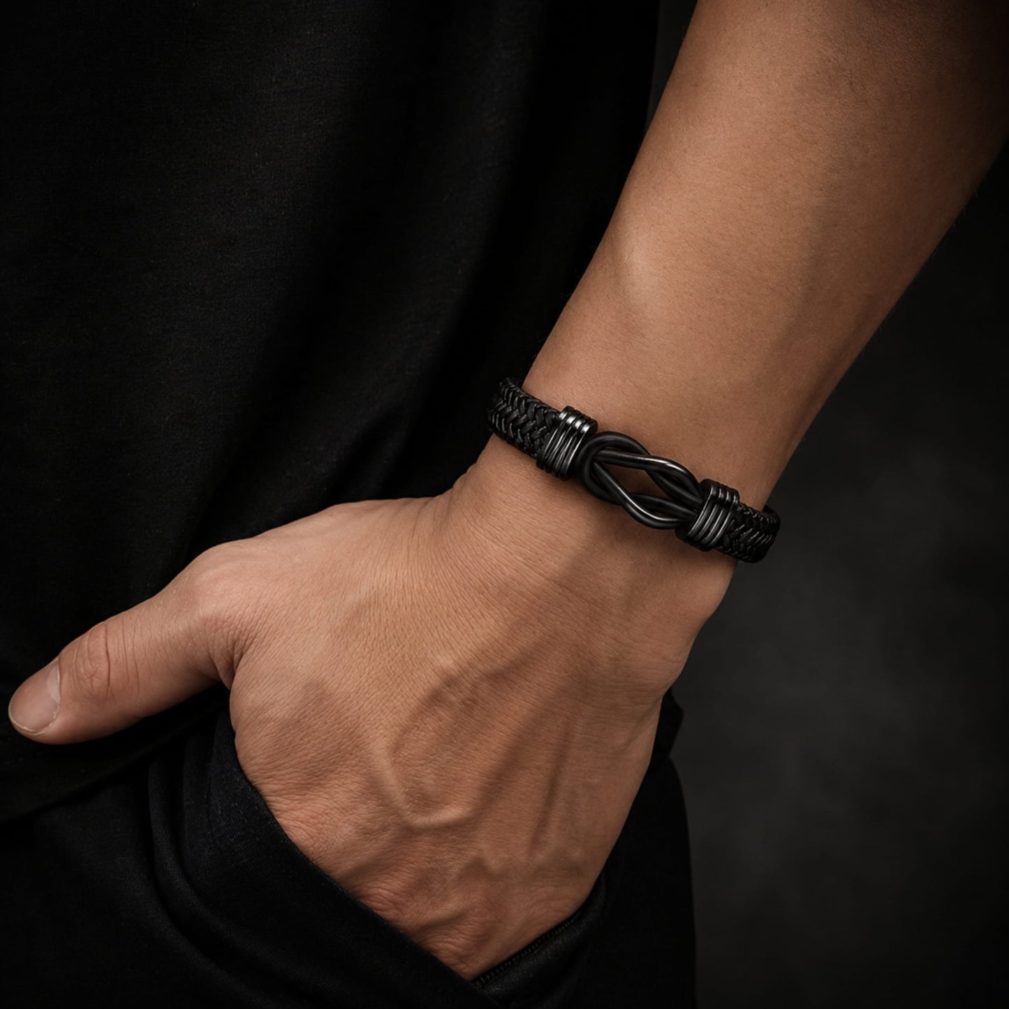 THE MEN THING Leather Bracelet LOVE KNOT BLACK - Genuine Leather Braided Bracelet with Stainless Steel Magnetic Buckle for Men & Boys (8 inch)
