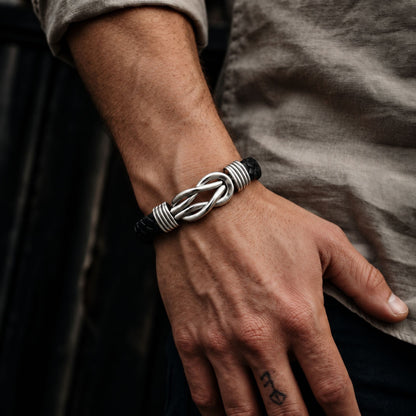 THE MEN THING Leather Bracelet LOVE KNOT BLACK - Genuine Leather Braided Bracelet with Stainless Steel Magnetic Buckle for Men & Boys (8 inch)