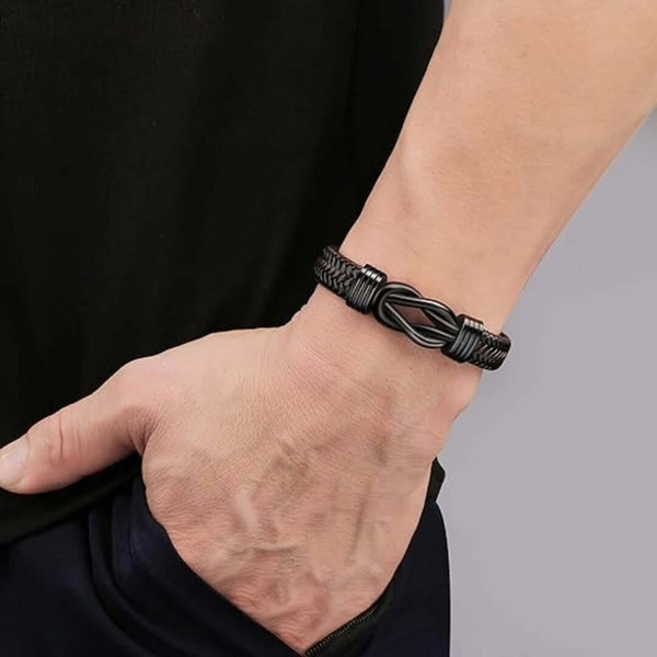 LOVE KNOT BROWN - Genuine Leather Braided Bracelet with Stainless Steel Magnetic Buckle for Men & Boys (8 inch)