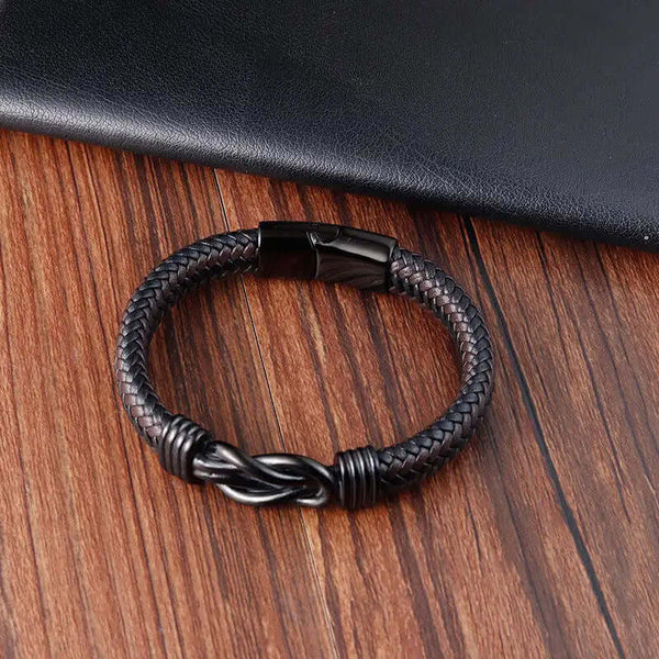 LOVE KNOT BROWN - Genuine Leather Braided Bracelet with Stainless Steel Magnetic Buckle for Men & Boys (8 inch)