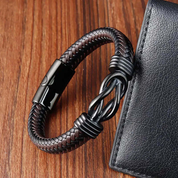 LOVE KNOT BROWN - Genuine Leather Braided Bracelet with Stainless Steel Magnetic Buckle for Men & Boys (8 inch)