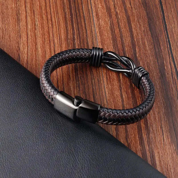 LOVE KNOT BROWN - Genuine Leather Braided Bracelet with Stainless Steel Magnetic Buckle for Men & Boys (8 inch)