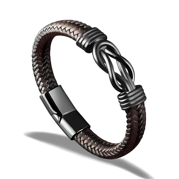 THE MEN THING Leather Bracelet LOVE KNOT BROWN - Genuine Leather Braided Bracelet with Stainless Steel Magnetic Buckle for Men & Boys (8 inch)