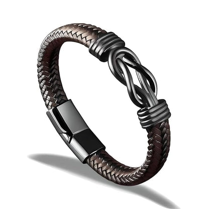 THE MEN THING Leather Bracelet LOVE KNOT BROWN - Genuine Leather Braided Bracelet with Stainless Steel Magnetic Buckle for Men & Boys (8 inch)
