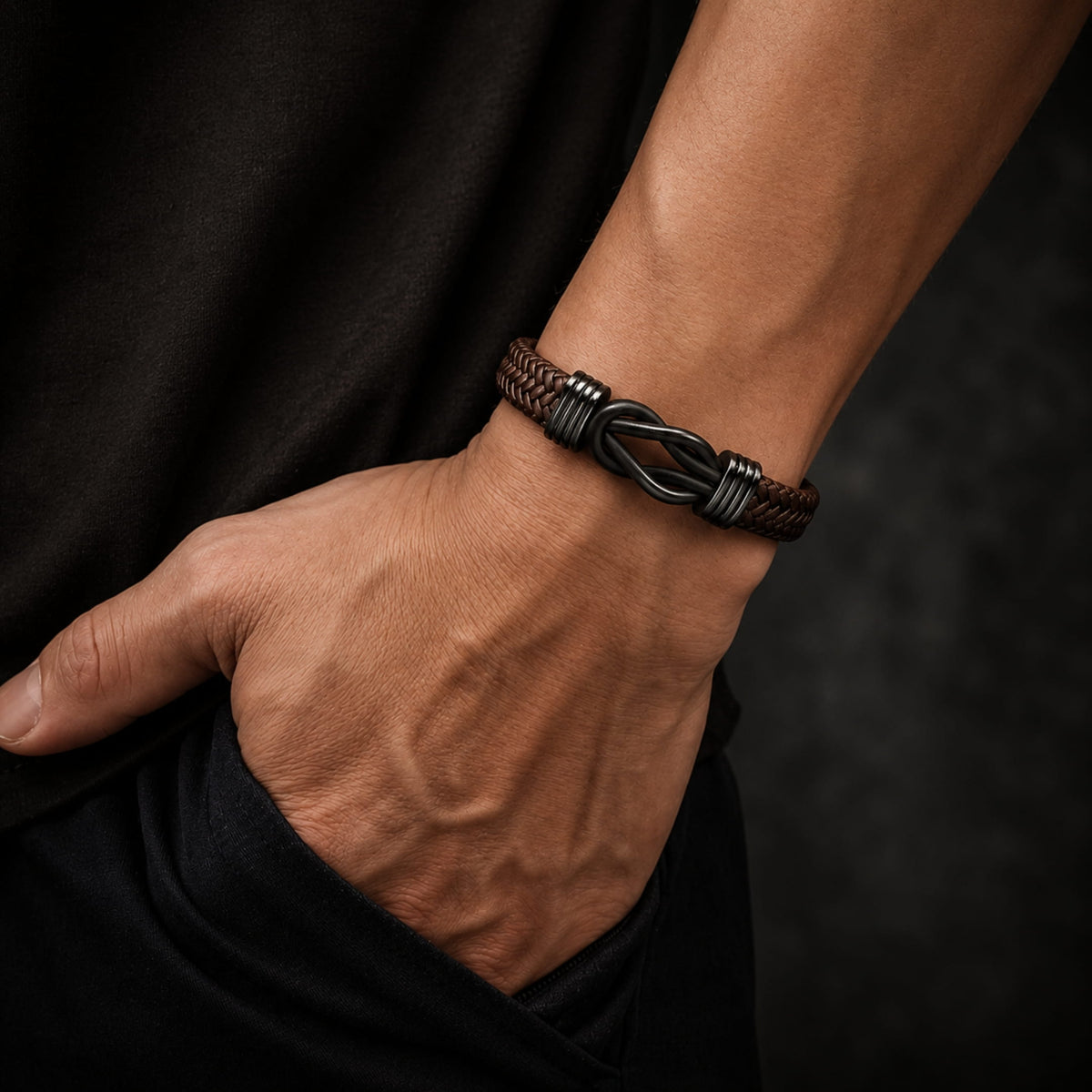 THE MEN THING Leather Bracelet LOVE KNOT BROWN - Genuine Leather Braided Bracelet with Stainless Steel Magnetic Buckle for Men & Boys (8 inch)