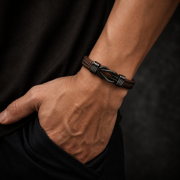 LOVE KNOT BROWN - Genuine Leather Braided Bracelet with Stainless Steel Magnetic Buckle for Men & Boys (8 inch)