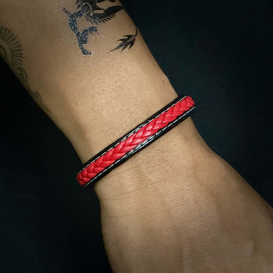 THE MEN THING Leather Bracelet LUNAR MYSTERY RED - Genuine Leather Layer Braided Bracelet with Stainless Steel Magnetic Buckle for Men & Boys (8 inch)