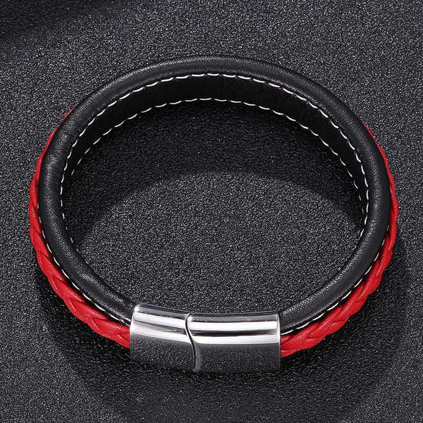 लूनर मिस्ट्री रेड - पुरुषों और लड़कों के लिए स्टेनलेस स्टील मैग्नेटिक बकल के साथ असली लेदर लेयर ब्रेडेड ब्रेसलेट (8 इंच)