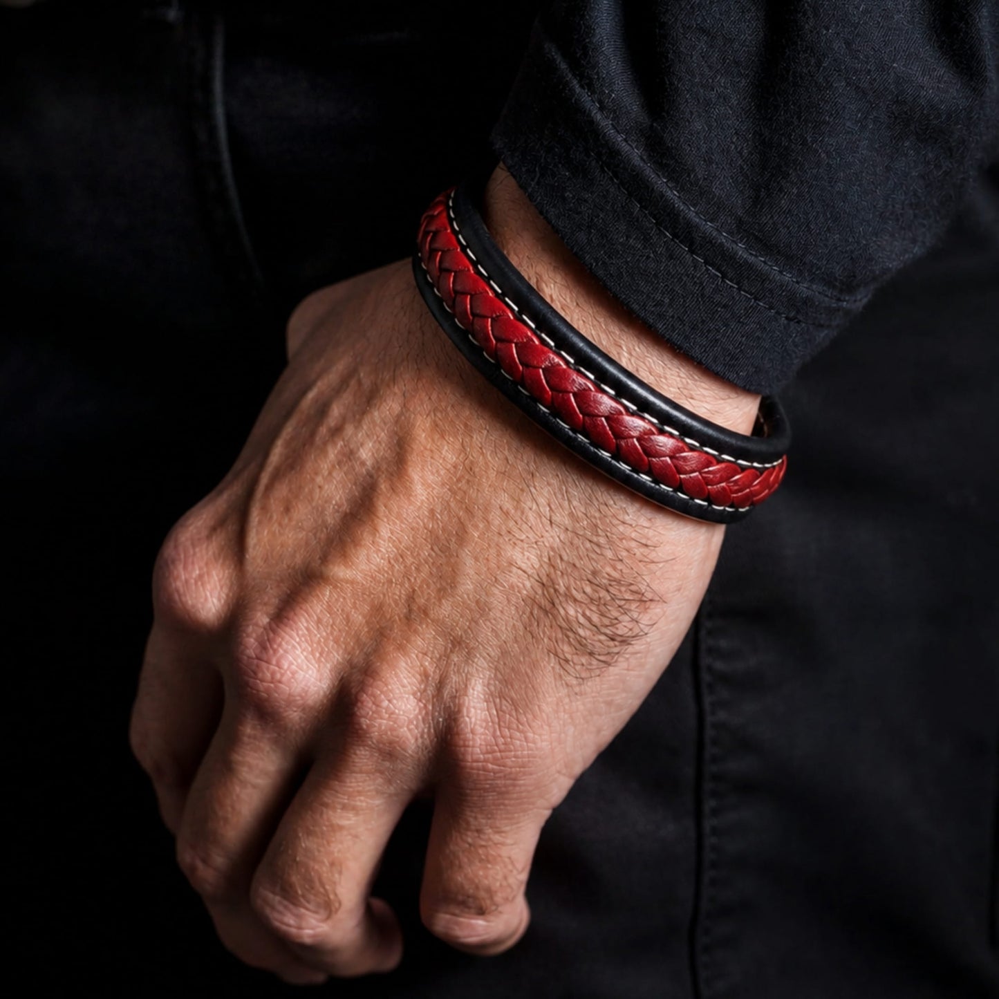 THE MEN THING Leather Bracelet LUNAR MYSTERY RED - Genuine Leather Layer Braided Bracelet with Stainless Steel Magnetic Buckle for Men & Boys (8 inch)