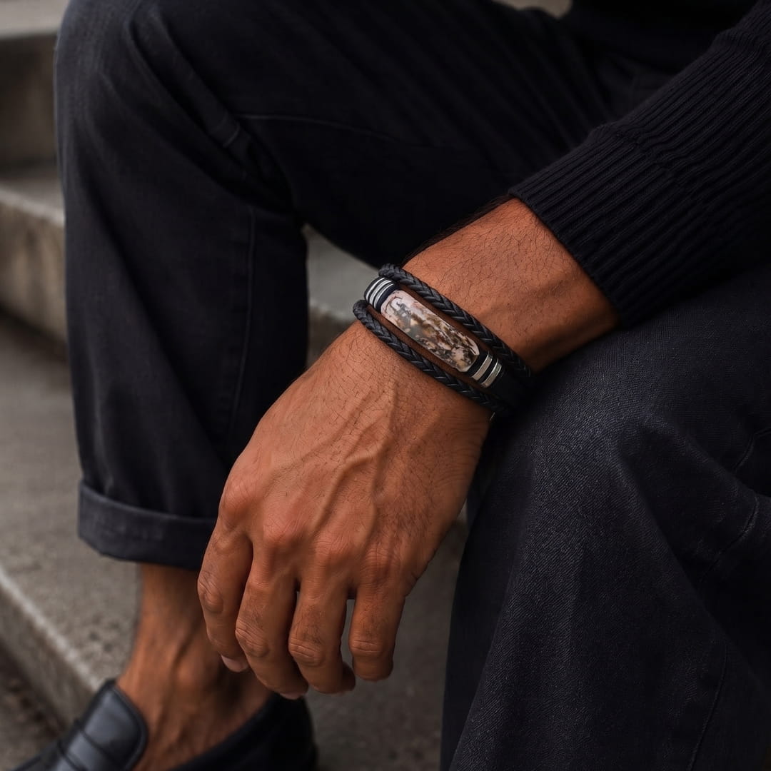 THE MEN THING Leather Bracelet MARBLE CORE BLACK - 25mm Genuine Leather Bracelet with Stainless Steel Magnetic Buckle for Men & Boys (8 inch)