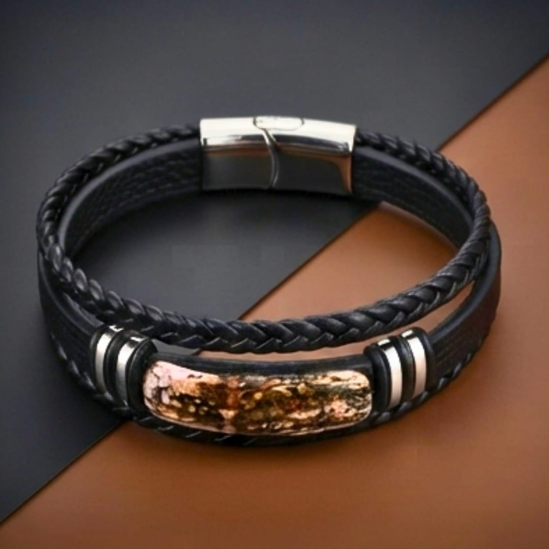 THE MEN THING Leather Bracelet MARBLE CORE BLACK - 25mm Genuine Leather Bracelet with Stainless Steel Magnetic Buckle for Men & Boys (8 inch)