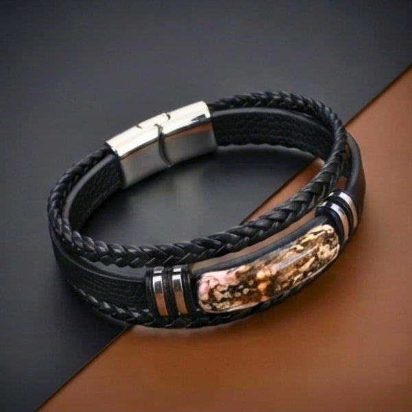 MARBLE CORE BLACK - 25mm Genuine Leather Bracelet with Stainless Steel Magnetic Buckle for Men & Boys (8 inch)