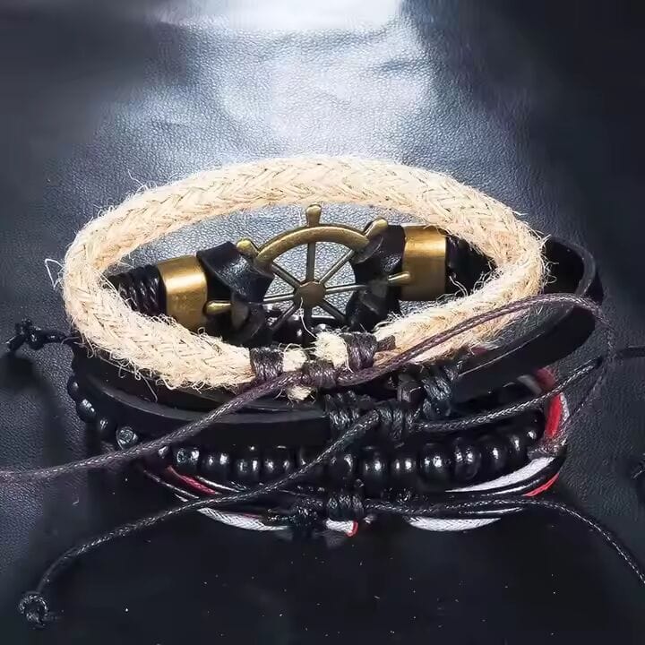 THE MEN THING Leather Bracelet MARINER’S EDGE -  4 Pcs Genuine Braided Leather Bracelet Set for Men & Boys (8 inch)