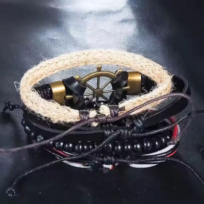 THE MEN THING Leather Bracelet MARINER’S EDGE -  4 Pcs Genuine Braided Leather Bracelet Set for Men & Boys (8 inch)