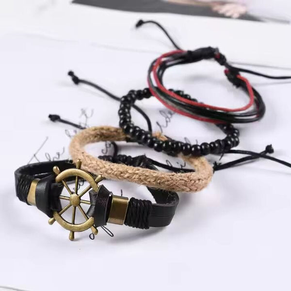 MARINER’S EDGE -  4 Pcs Genuine Braided Leather Bracelet Set for Men & Boys (8 inch)