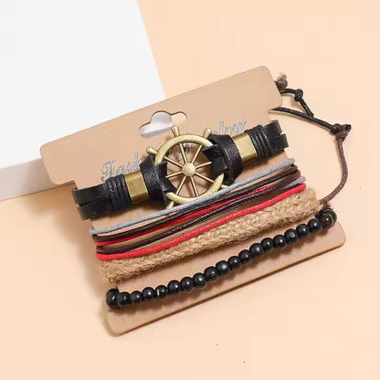 THE MEN THING Leather Bracelet MARINER’S EDGE -  4 Pcs Genuine Braided Leather Bracelet Set for Men & Boys (8 inch)