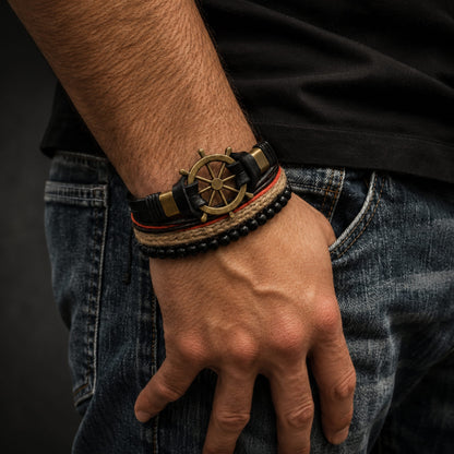 THE MEN THING Leather Bracelet MARINER’S EDGE -  4 Pcs Genuine Braided Leather Bracelet Set for Men & Boys (8 inch)