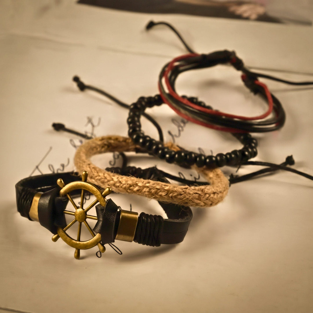 THE MEN THING Leather Bracelet MARINER’S EDGE -  4 Pcs Genuine Braided Leather Bracelet Set for Men & Boys (8 inch)