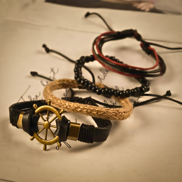 MARINER’S EDGE -  4 Pcs Genuine Braided Leather Bracelet Set for Men & Boys (8 inch)