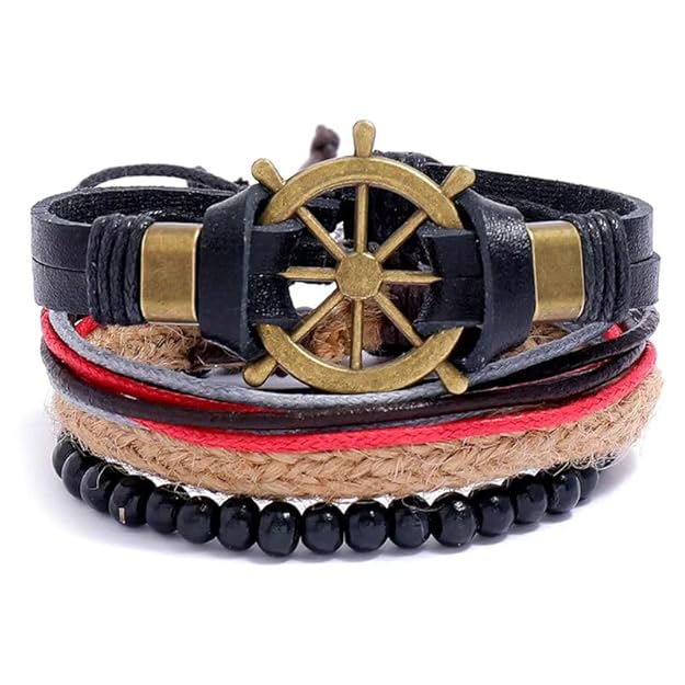 THE MEN THING Leather Bracelet MARINER’S EDGE Set of 4 Genuine Braided Leather Adjustable Bracelets for Men & Boys – 8 Inch
