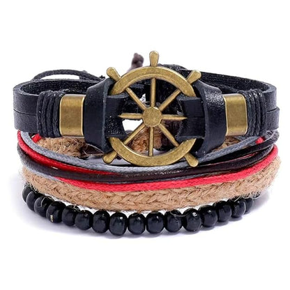 THE MEN THING Leather Bracelet MARINER’S EDGE Set of 4 Genuine Braided Leather Adjustable Bracelets for Men & Boys – 8 Inch