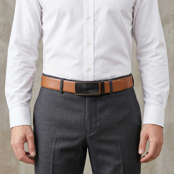 Mens 100% Genuine Leather Belt - VELARO Smooth Matte, SNAPTOR Gold-Bar Auto-Lock Buckle (Brown & Black Reversible)