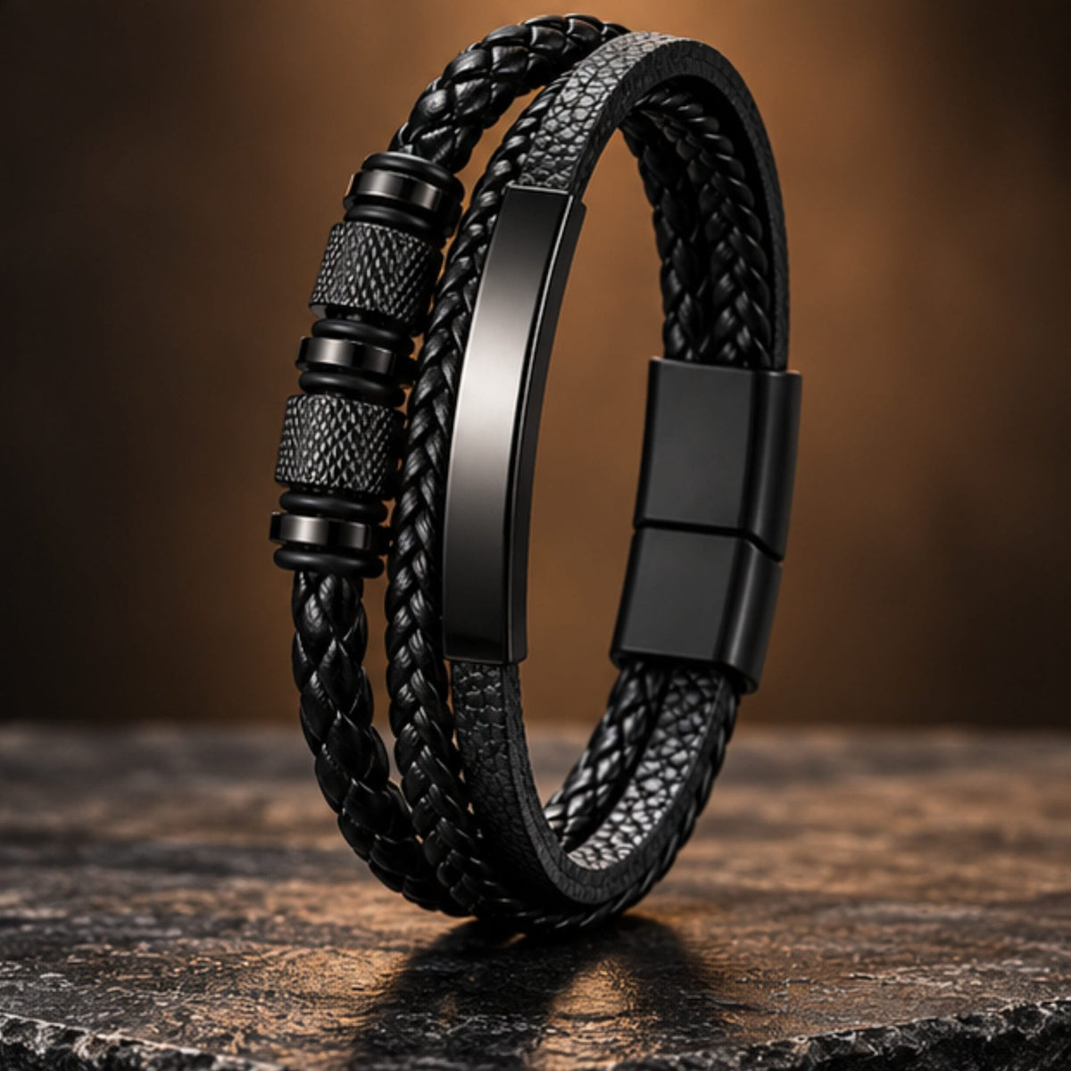 THE MEN THING Leather Bracelet MIDNIGHT CORE BLACK - Genuine Leather Multi-Layer Bracelet with Stainless Steel Magnetic Buckle for Men & Boys (8 inch)