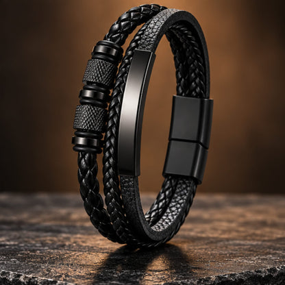 THE MEN THING Leather Bracelet MIDNIGHT CORE BLACK - Genuine Leather Multi-Layer Bracelet with Stainless Steel Magnetic Buckle for Men & Boys (8 inch)