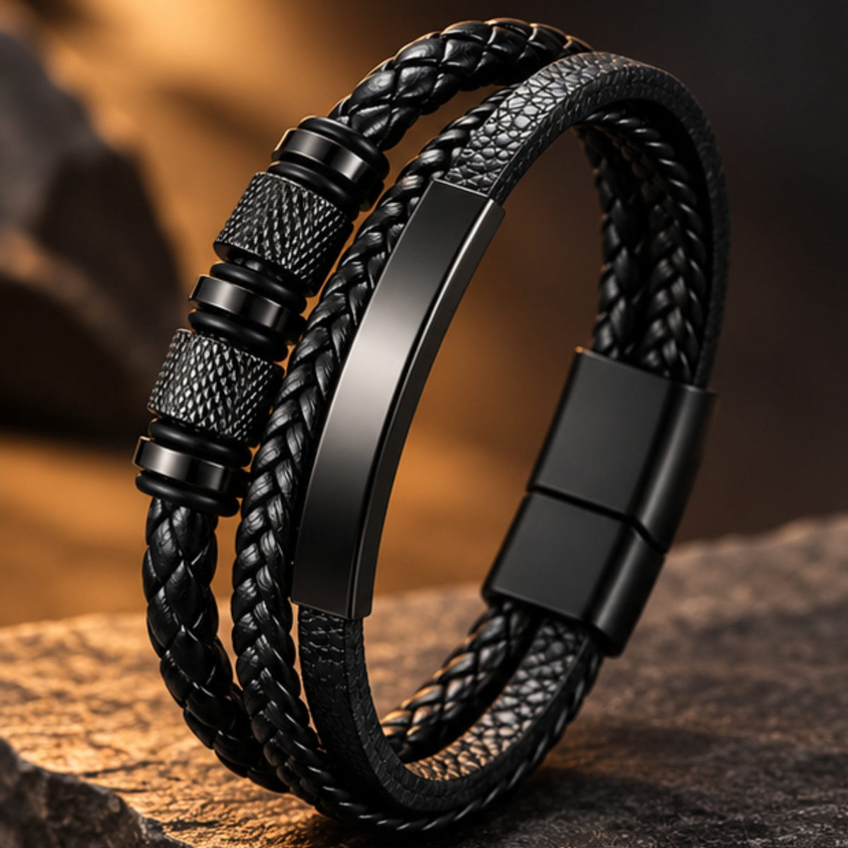 THE MEN THING Leather Bracelet MIDNIGHT CORE BLACK - Genuine Leather Multi-Layer Bracelet with Stainless Steel Magnetic Buckle for Men & Boys (8 inch)