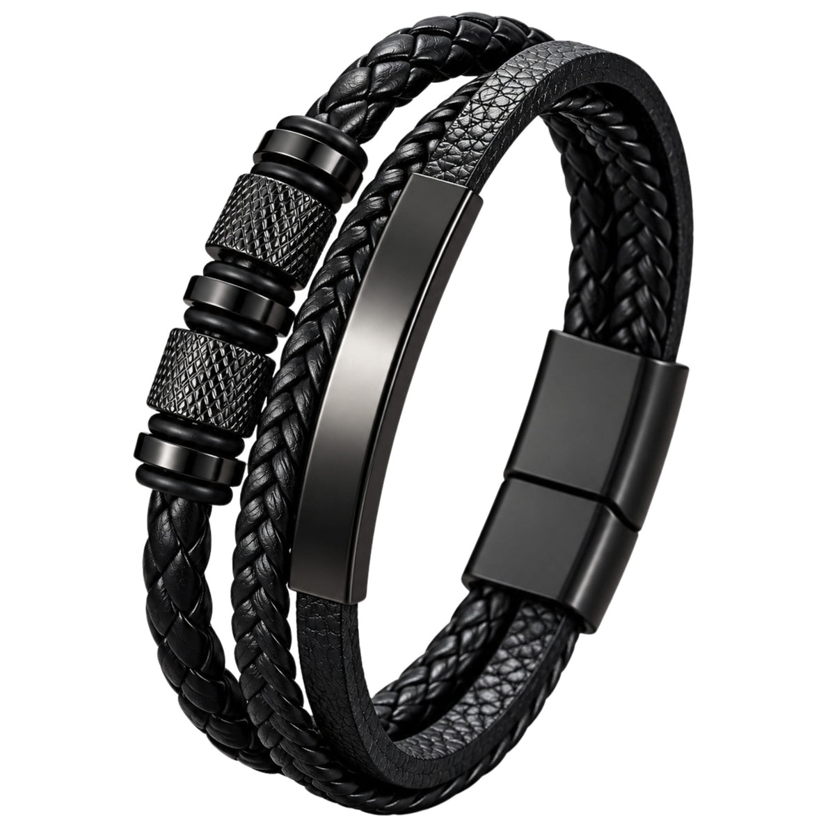 THE MEN THING Leather Bracelet MIDNIGHT CORE BLACK - Genuine Leather Multi-Layer Bracelet with Stainless Steel Magnetic Buckle for Men & Boys (8 inch)