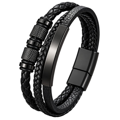 THE MEN THING Leather Bracelet MIDNIGHT CORE BLACK - Genuine Leather Multi-Layer Bracelet with Stainless Steel Magnetic Buckle for Men & Boys (8 inch)