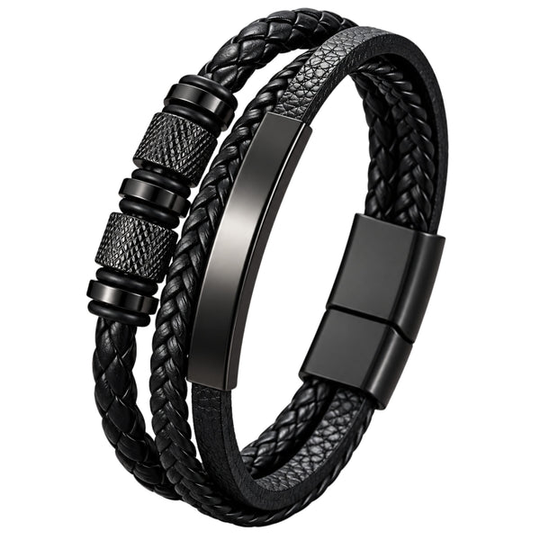 MIDNIGHT CORE BLACK - Genuine Leather Multi-Layer Bracelet with Stainless Steel Magnetic Buckle for Men & Boys (8 inch)