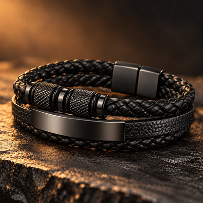 THE MEN THING Leather Bracelet MIDNIGHT CORE BLACK - Genuine Leather Multi-Layer Bracelet with Stainless Steel Magnetic Buckle for Men & Boys (8 inch)