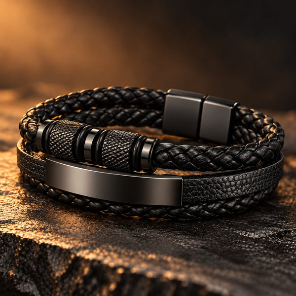 MIDNIGHT CORE BLACK - Genuine Leather Multi-Layer Bracelet with Stainless Steel Magnetic Buckle for Men & Boys (8 inch)