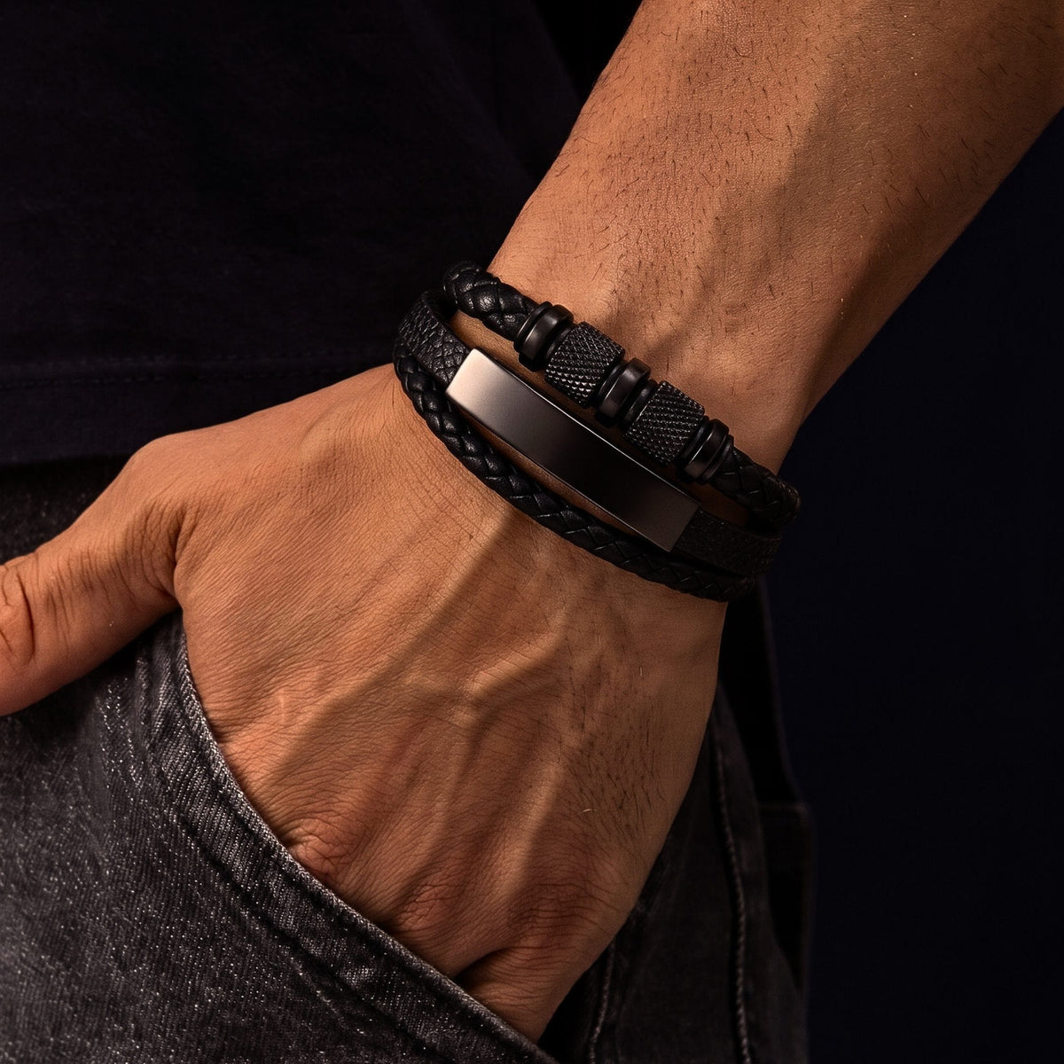 THE MEN THING Leather Bracelet MIDNIGHT CORE BLACK - Genuine Leather Multi-Layer Bracelet with Stainless Steel Magnetic Buckle for Men & Boys (8 inch)