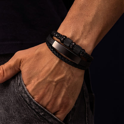 THE MEN THING Leather Bracelet MIDNIGHT CORE BLACK - Genuine Leather Multi-Layer Bracelet with Stainless Steel Magnetic Buckle for Men & Boys (8 inch)