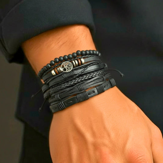 THE MEN THING Leather Bracelet MIDNIGHT LIFETREE - 6 Pcs Genuine Leather Adjustable Bracelet Set for Men & Boys (8 inch)