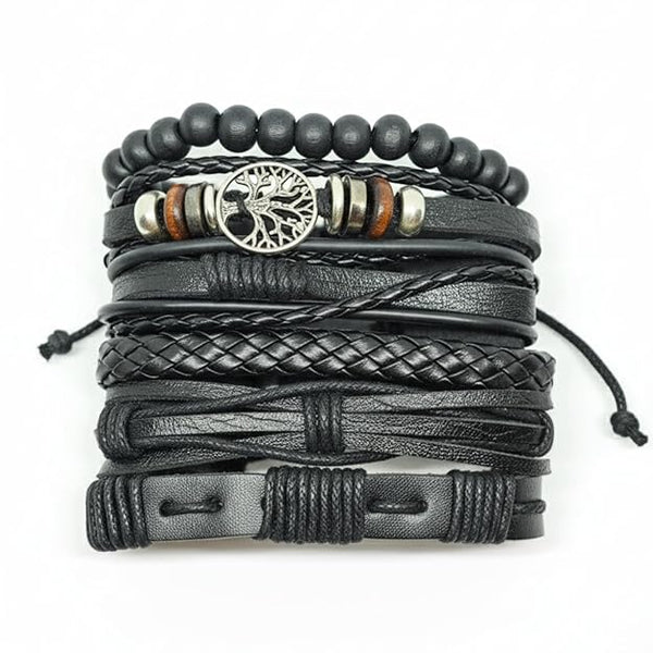 6 Pcs Genuine Leather Adjustable Bracelet Set for Men & Boys (8 inch)