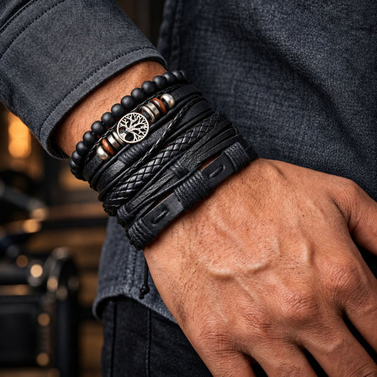 THE MEN THING Leather Bracelet MIDNIGHT LIFETREE - Black 6 Pcs Genuine Leather Adjustable Bracelet Set for Men & Boys (8 inch)
