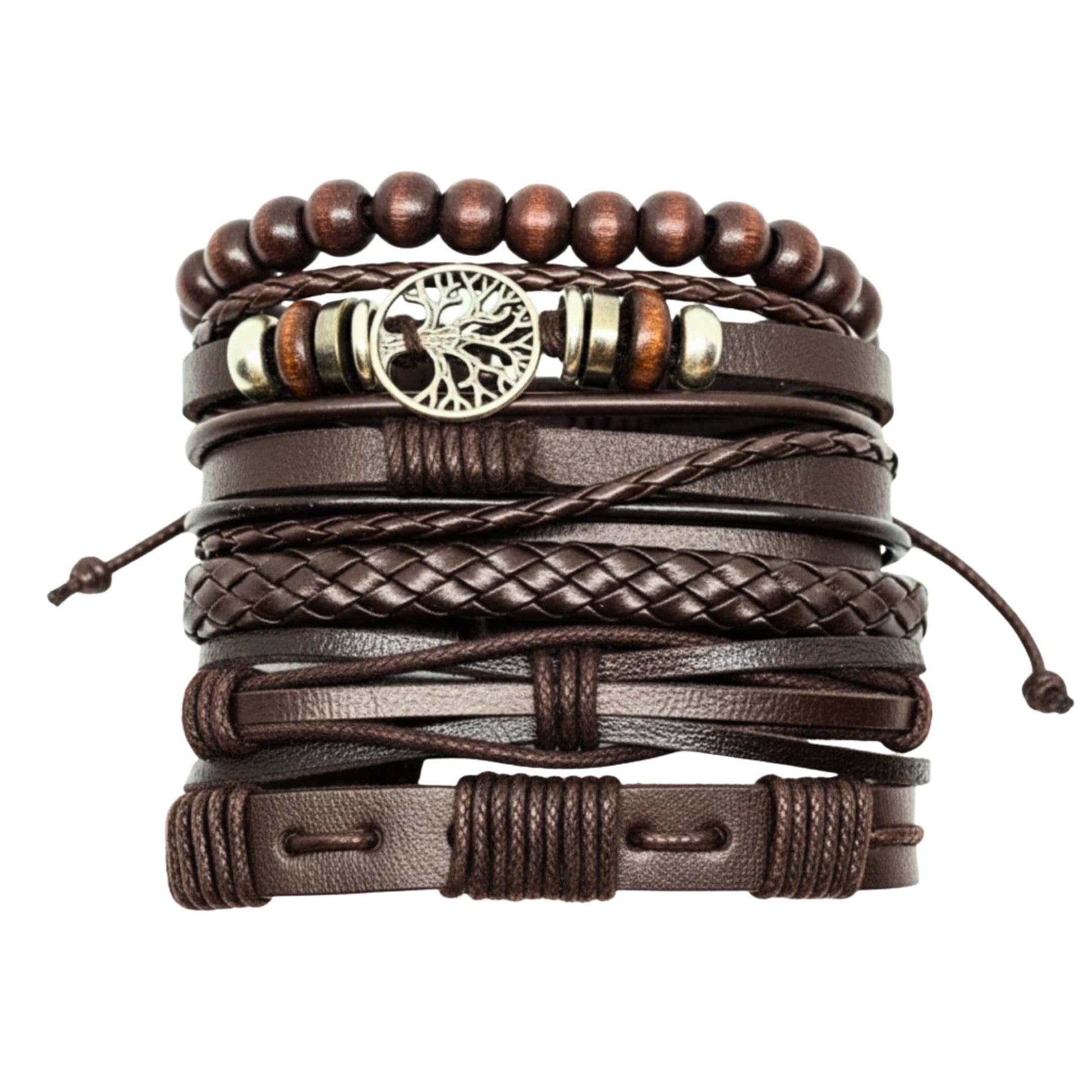 THE MEN THING Leather Bracelet MIDNIGHT LIFETREE - Brown 6 Pcs Genuine Leather Adjustable Bracelet Set for Men & Boys (8 inch)