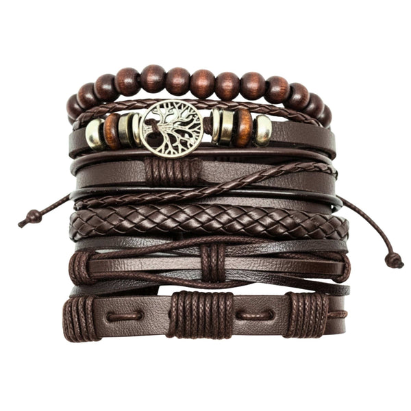 MIDNIGHT LIFETREE - Brown 6 Pcs Genuine Leather Adjustable Bracelet Set for Men & Boys (8 inch)