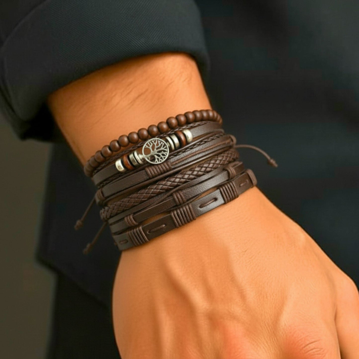 THE MEN THING Leather Bracelet MIDNIGHT LIFETREE - Brown 6 Pcs Genuine Leather Adjustable Bracelet Set for Men & Boys (8 inch)