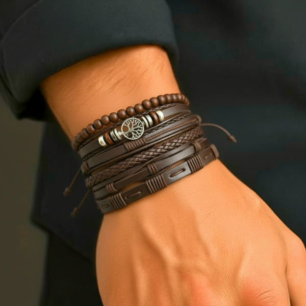 MIDNIGHT LIFETREE - Brown 6 Pcs Genuine Leather Adjustable Bracelet Set for Men & Boys (8 inch)