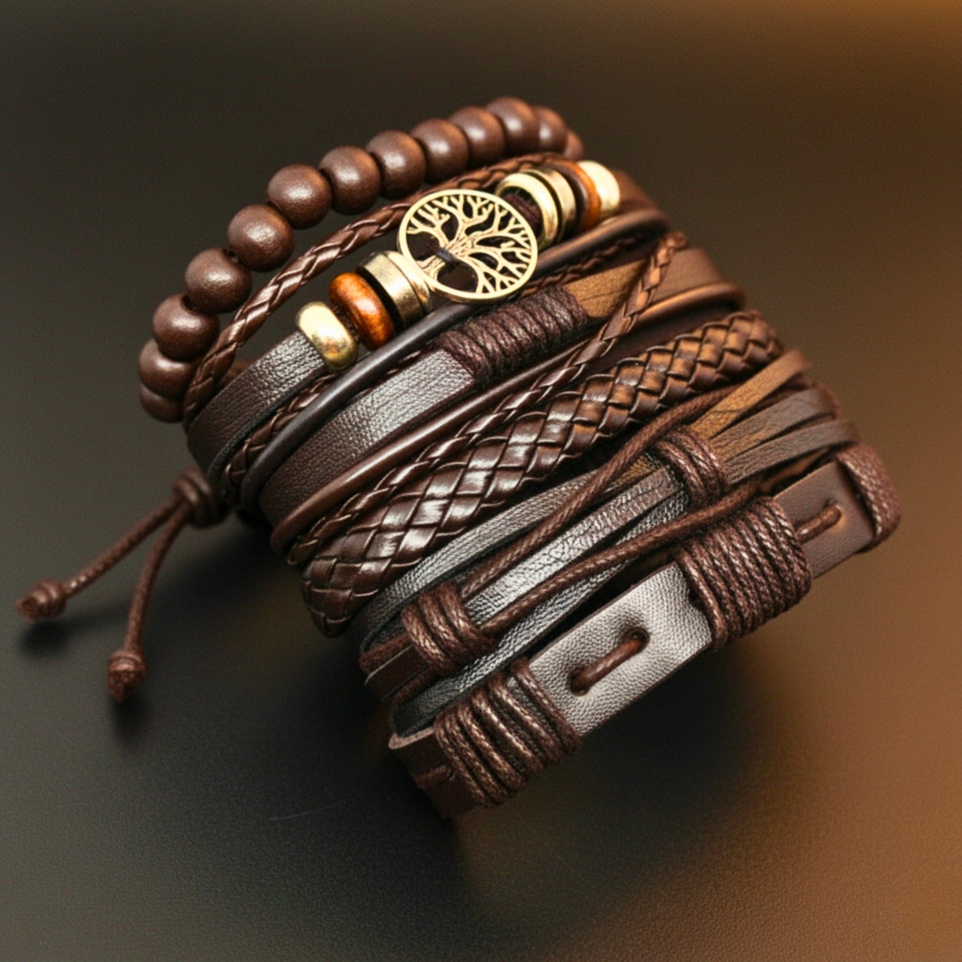 THE MEN THING Leather Bracelet MIDNIGHT LIFETREE - Brown 6 Pcs Genuine Leather Adjustable Bracelet Set for Men & Boys (8 inch)