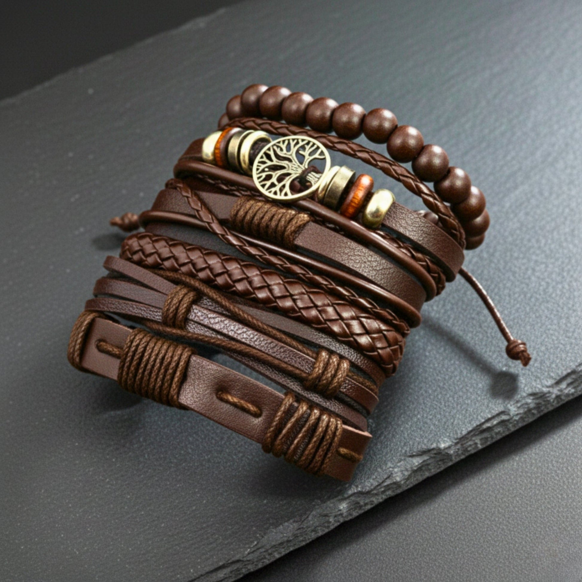 THE MEN THING Leather Bracelet MIDNIGHT LIFETREE - Brown 6 Pcs Genuine Leather Adjustable Bracelet Set for Men & Boys (8 inch)