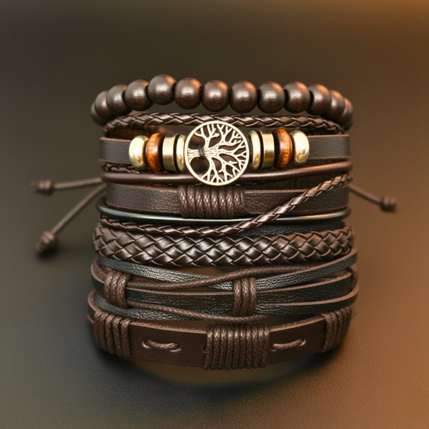 THE MEN THING Leather Bracelet MIDNIGHT LIFETREE - Brown 6 Pcs Genuine Leather Adjustable Bracelet Set for Men & Boys (8 inch)