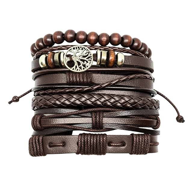 THE MEN THING Leather Bracelet MIDNIGHT LIFETREE - Brown 6 Pcs Genuine Leather Adjustable Bracelet Set for Men & Boys (8 inch)